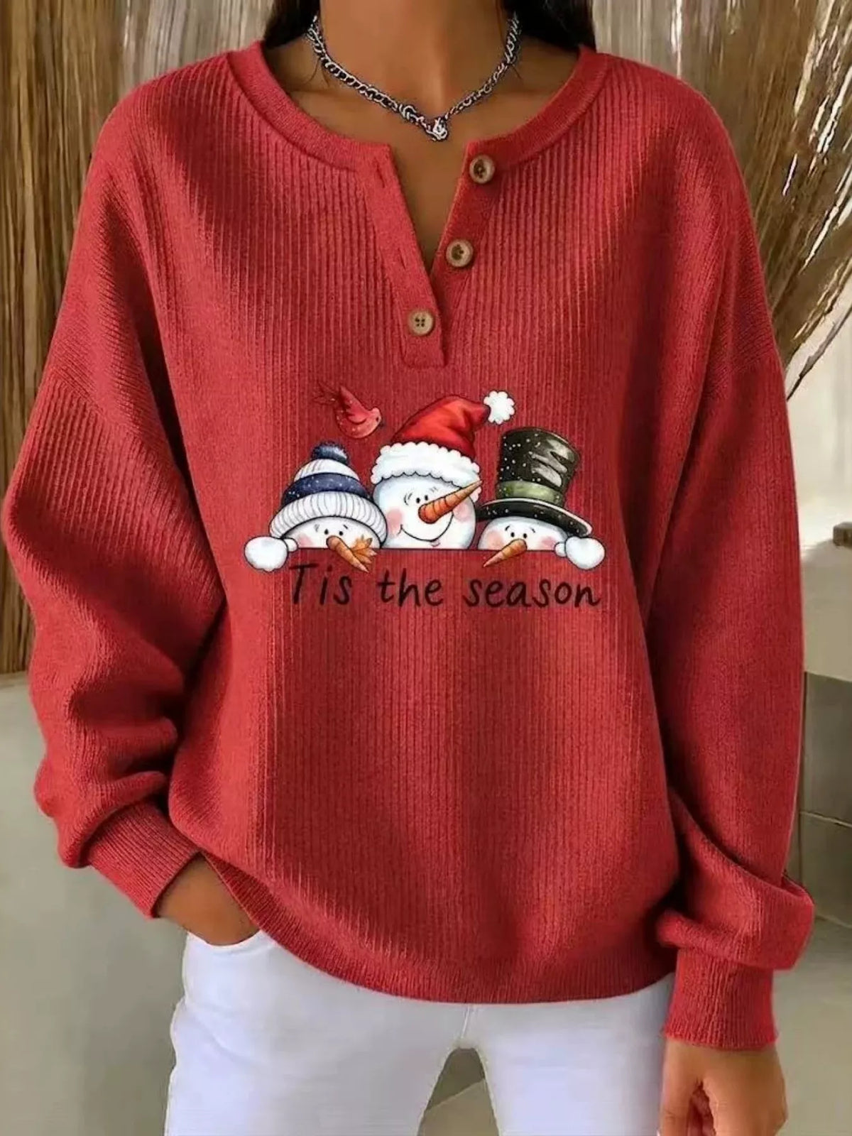 Full Size Christmas Themed Snowman Graphic Ribbed Henley Sweatshirt Plus Size in Scarlet