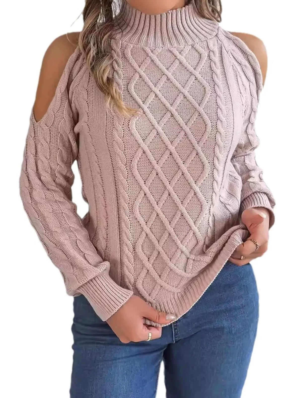 Cold-Shoulder Cable Knit Sweater, view 16