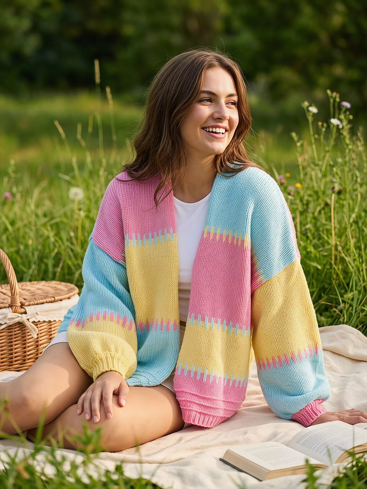 Color-Block V-Neck Cardigan in Pink