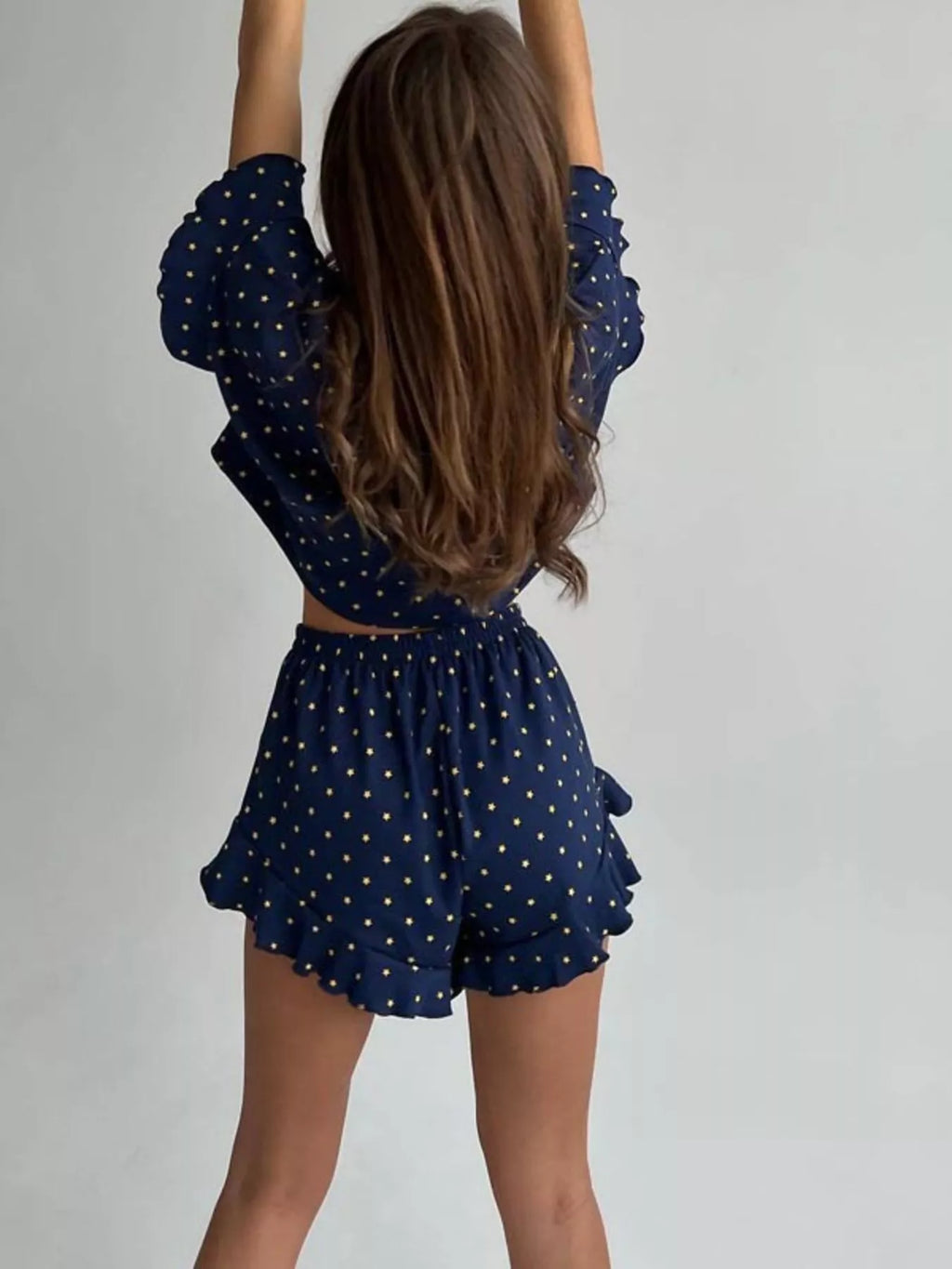 Printed Crop Top and Ruffled Shorts Lounge Set - Lilixa.store