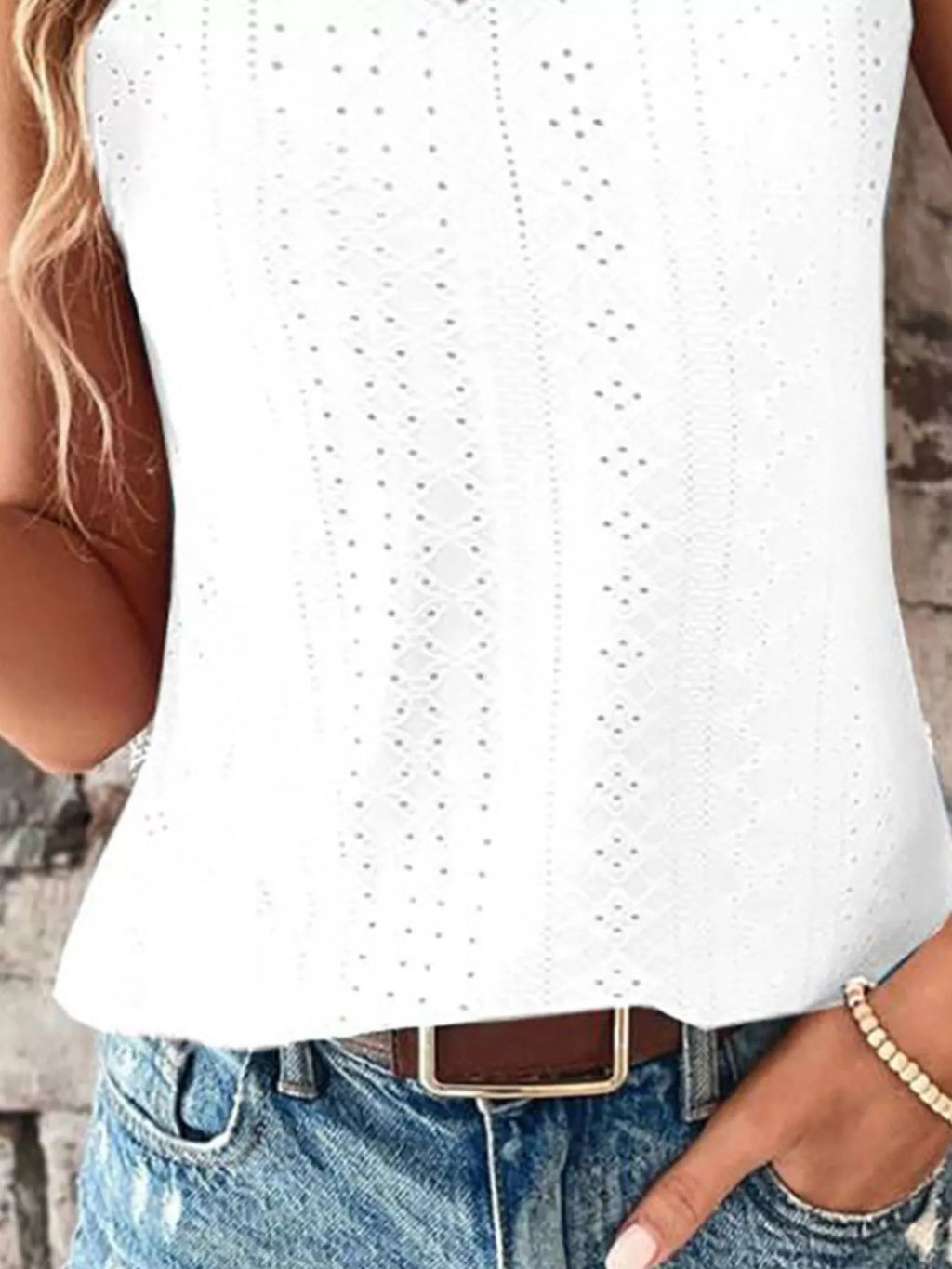Eyelet Lace Trim V-Neck Tank Top - Lilixa.store