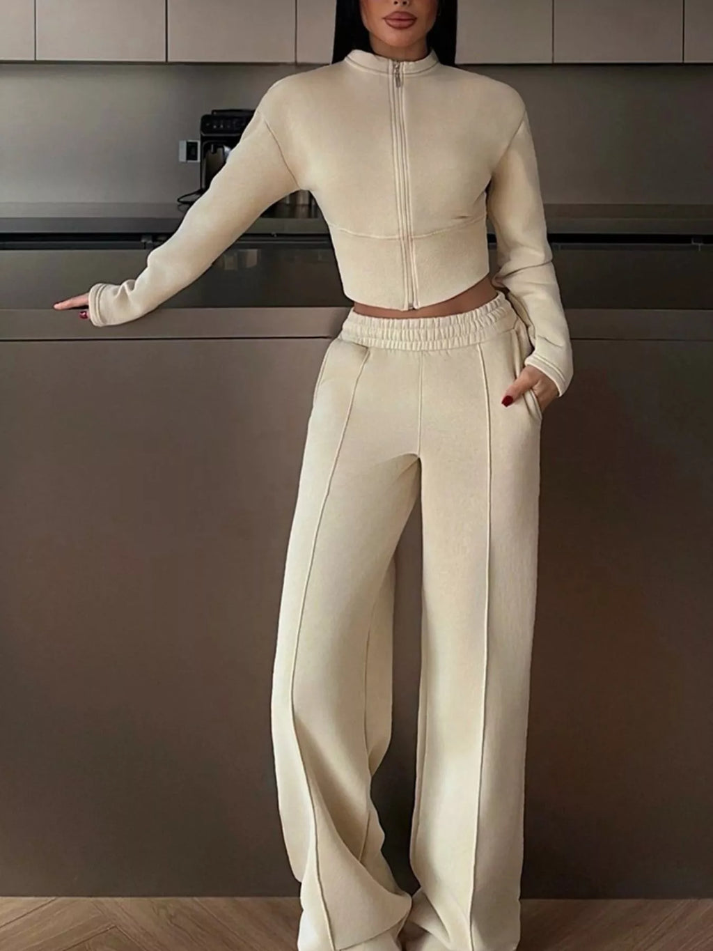 Zip-Up Crop Jacket and Wide-Leg Pants Set - Lilixa.store