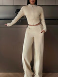 Zip-Up Crop Jacket and Wide-Leg Pants Set - Lilixa.store