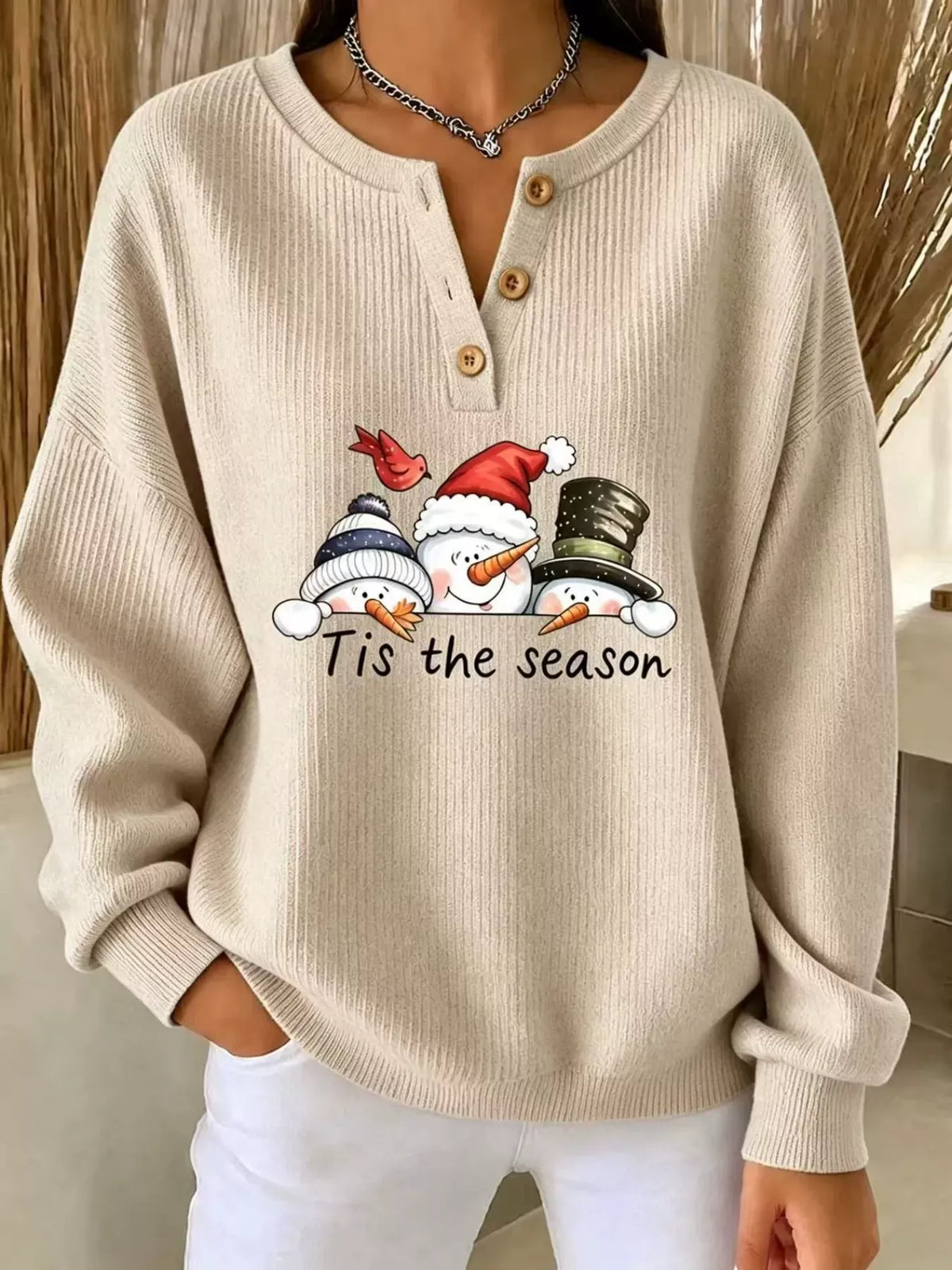 Full Size Christmas Themed Snowman Graphic Ribbed Henley Sweatshirt Plus Size in Tan