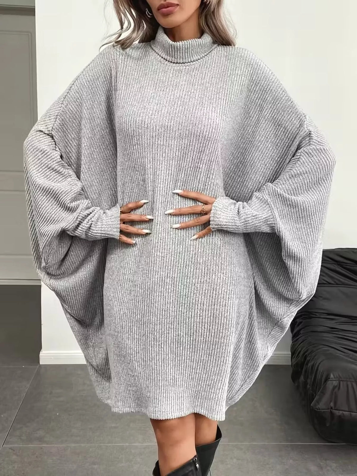 Oversized Batwing Sleeve Ribbed Knit Turtleneck Dress - Lilixa.store