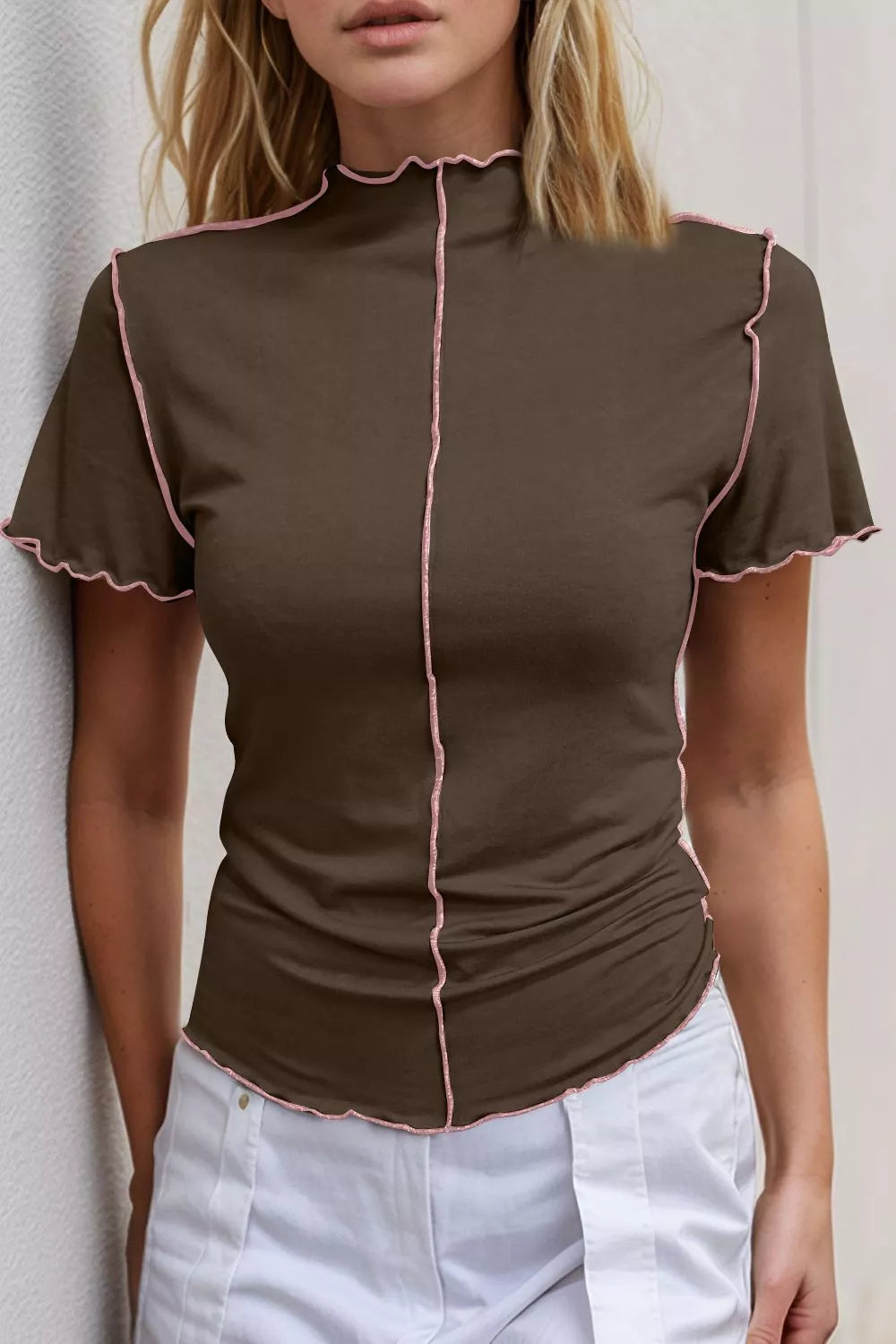 Basic Bae Mock Neck Wave Edge Contrast Stitching Ruffle Short Sleeve Slim Fit Casual Top - Lilixa.store