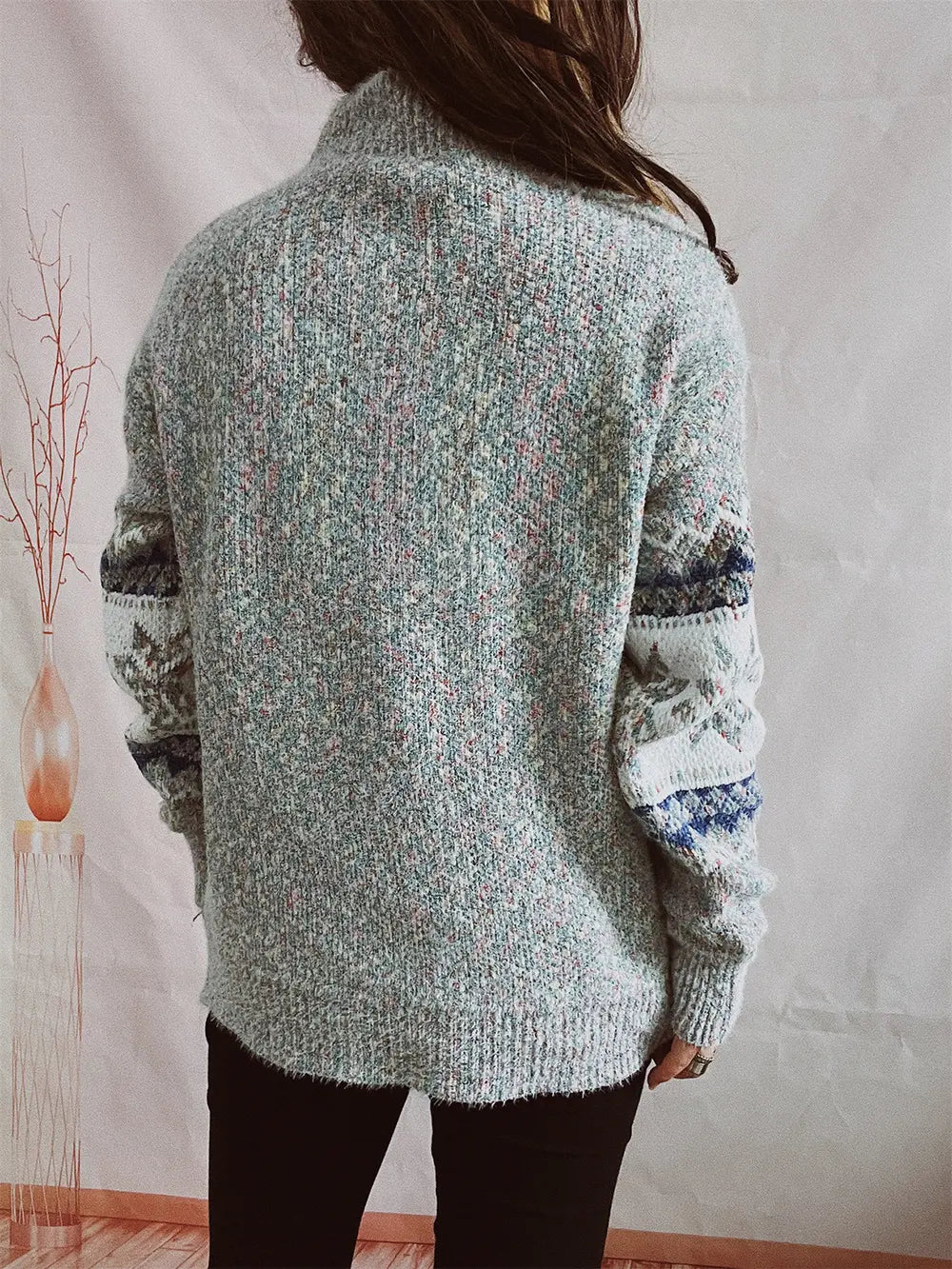 Geometric Mock Neck Dropped Shoulder Sweater, view 11