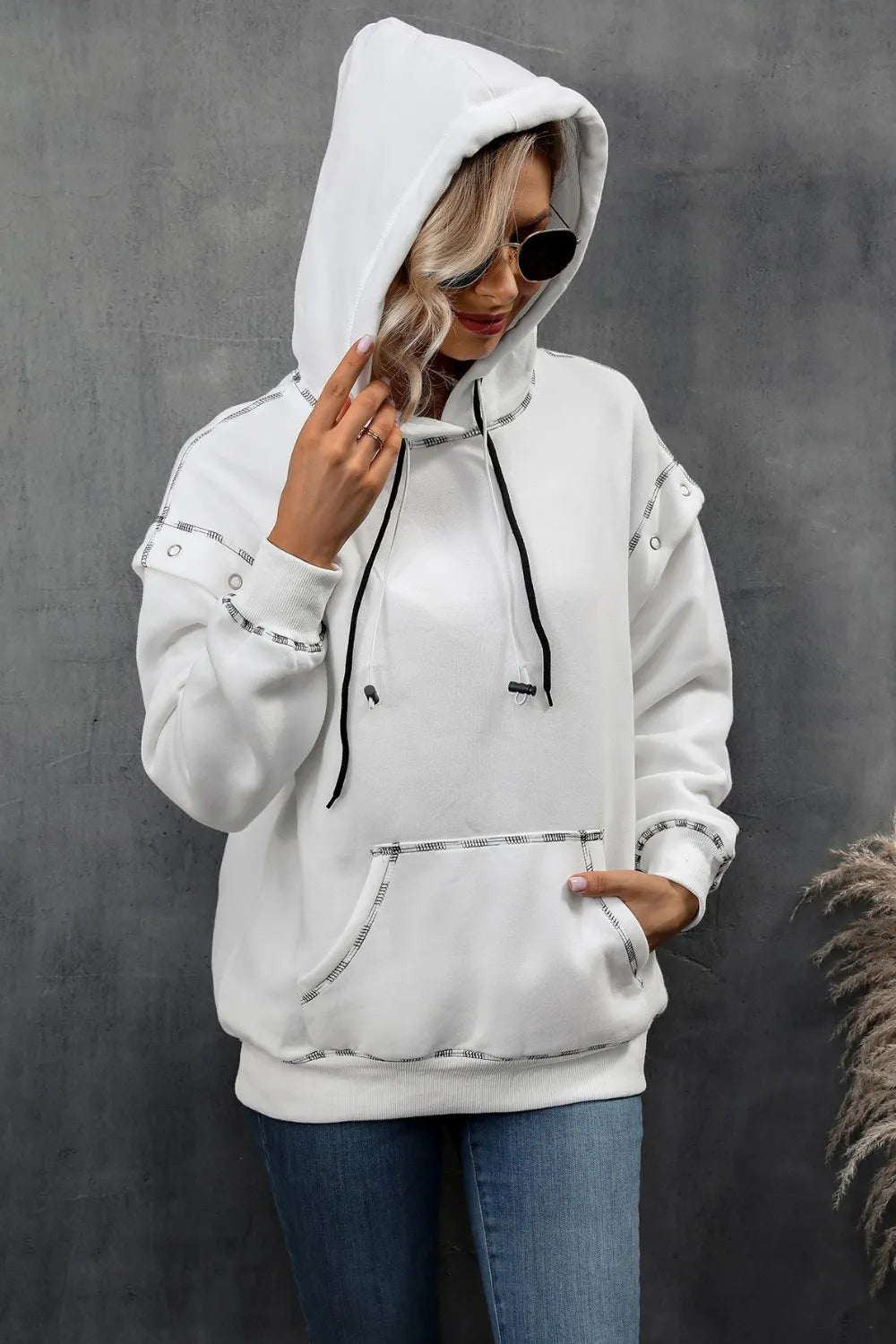 Drawstring Kangaroo Pocket Dropped Shoulder Hoodie - Lilixa.store