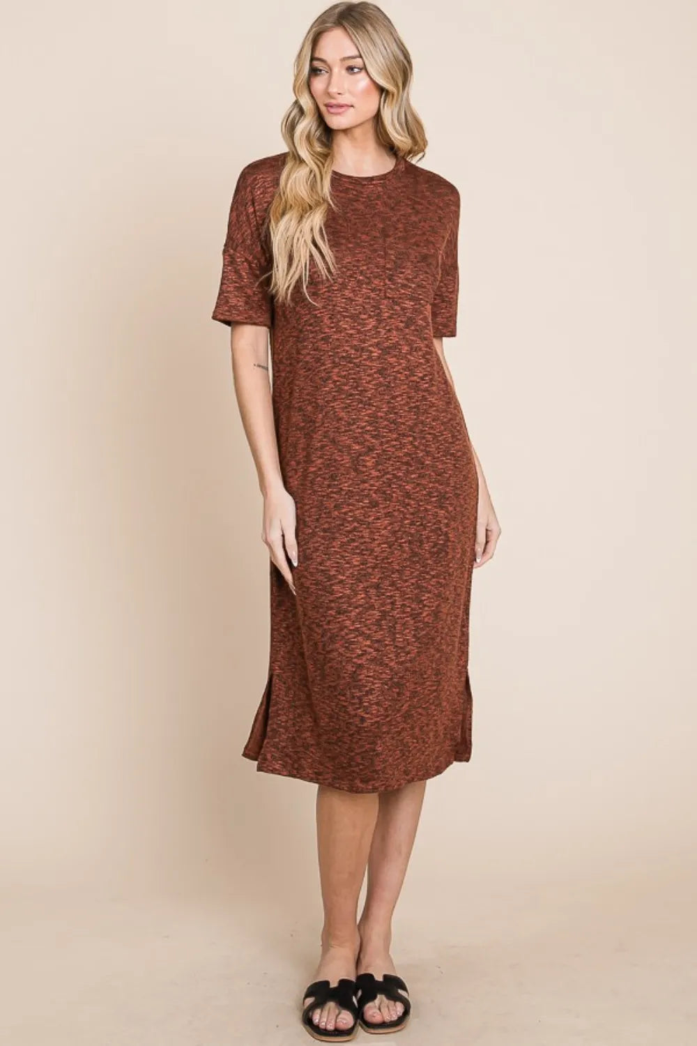 BOMBOM Round Neck Side Slit Midi Dress - Lilixa.store