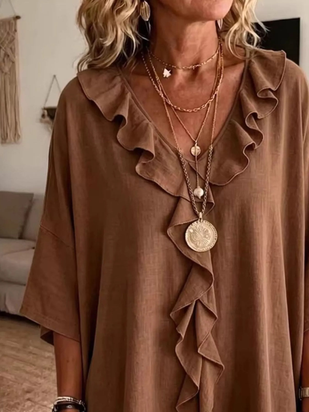 Full Size Ruffle V-Neck 3/4 Sleeve Blouse Plus Size - Lilixa.store