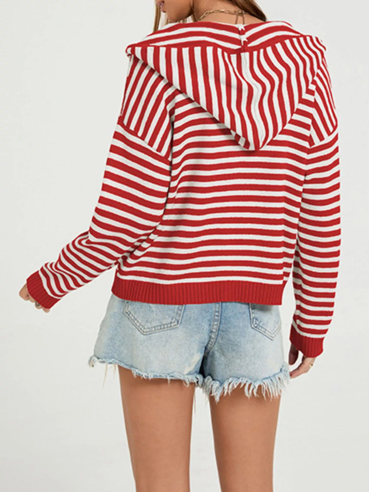 Striped Hooded Zip-Up Knit Cardigan - Lilixa.store
