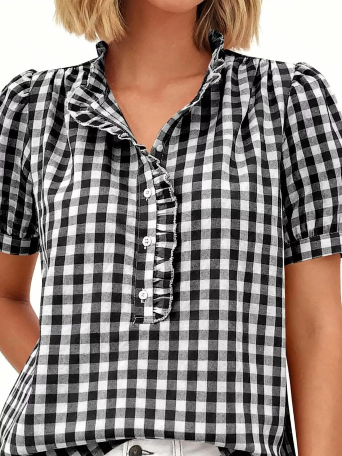 Gingham Button Front Puff Sleeve Blouse, view 2