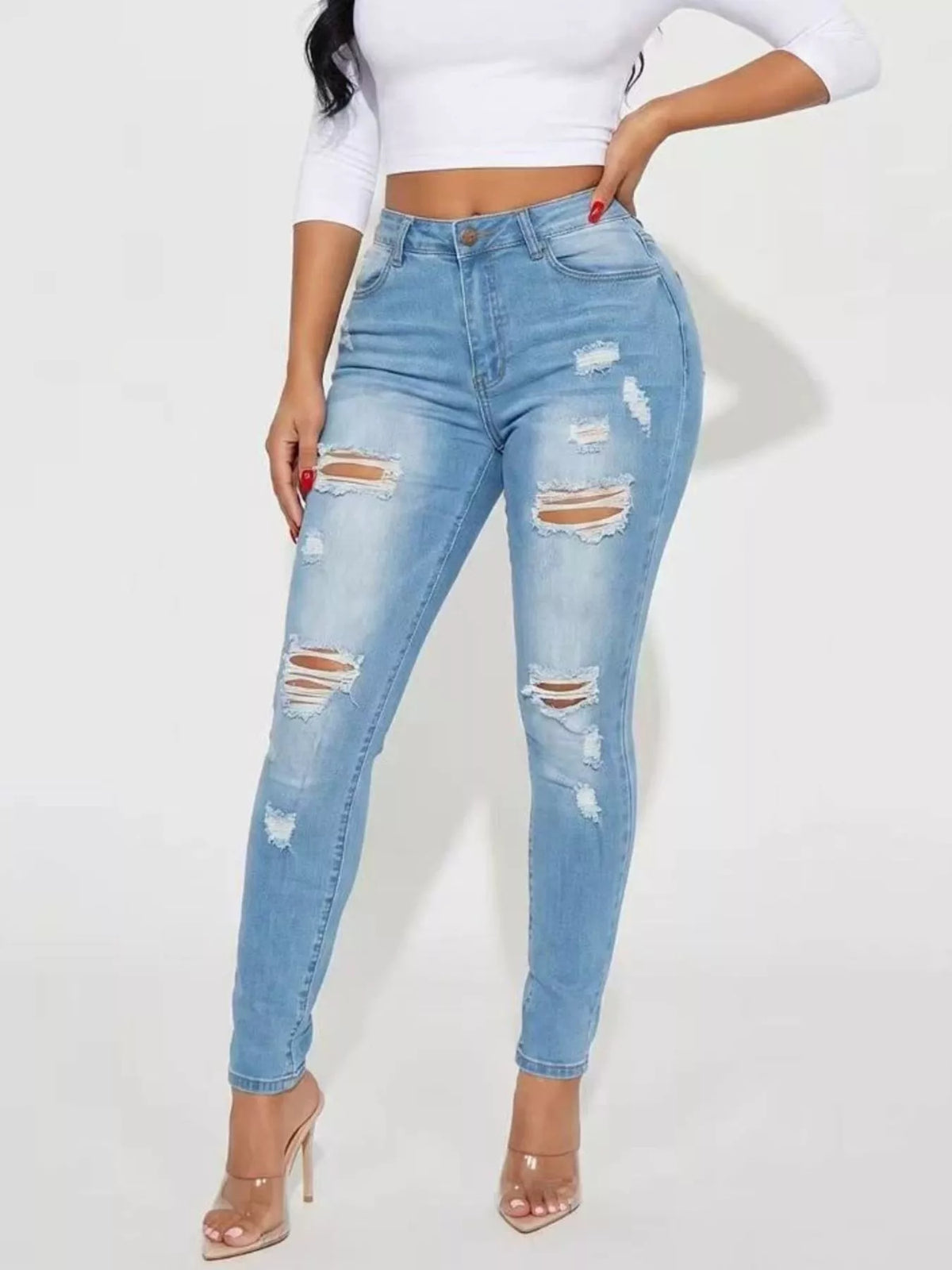 High-Waisted Distressed Skinny Jeans - Lilixa.store