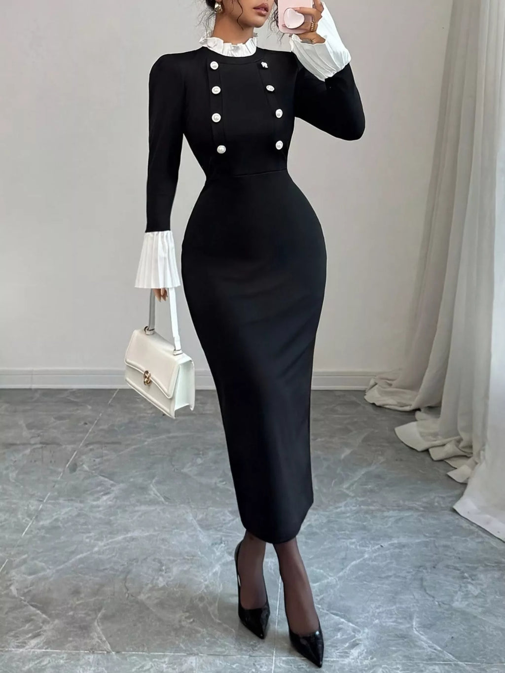 Two Tone Long Sleeve Midi Dress - Lilixa.store