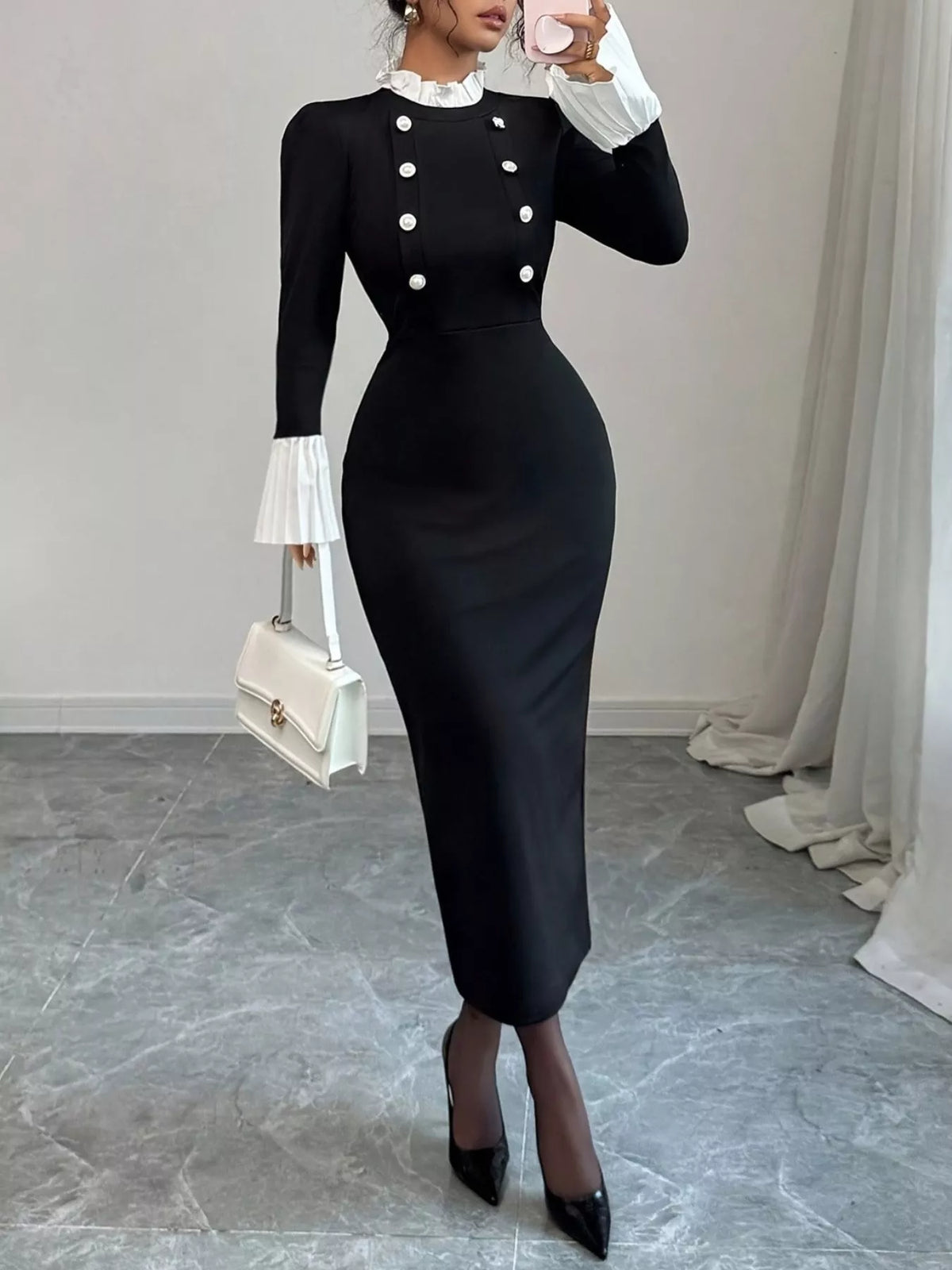 Two Tone Long Sleeve Midi Dress - Lilixa.store