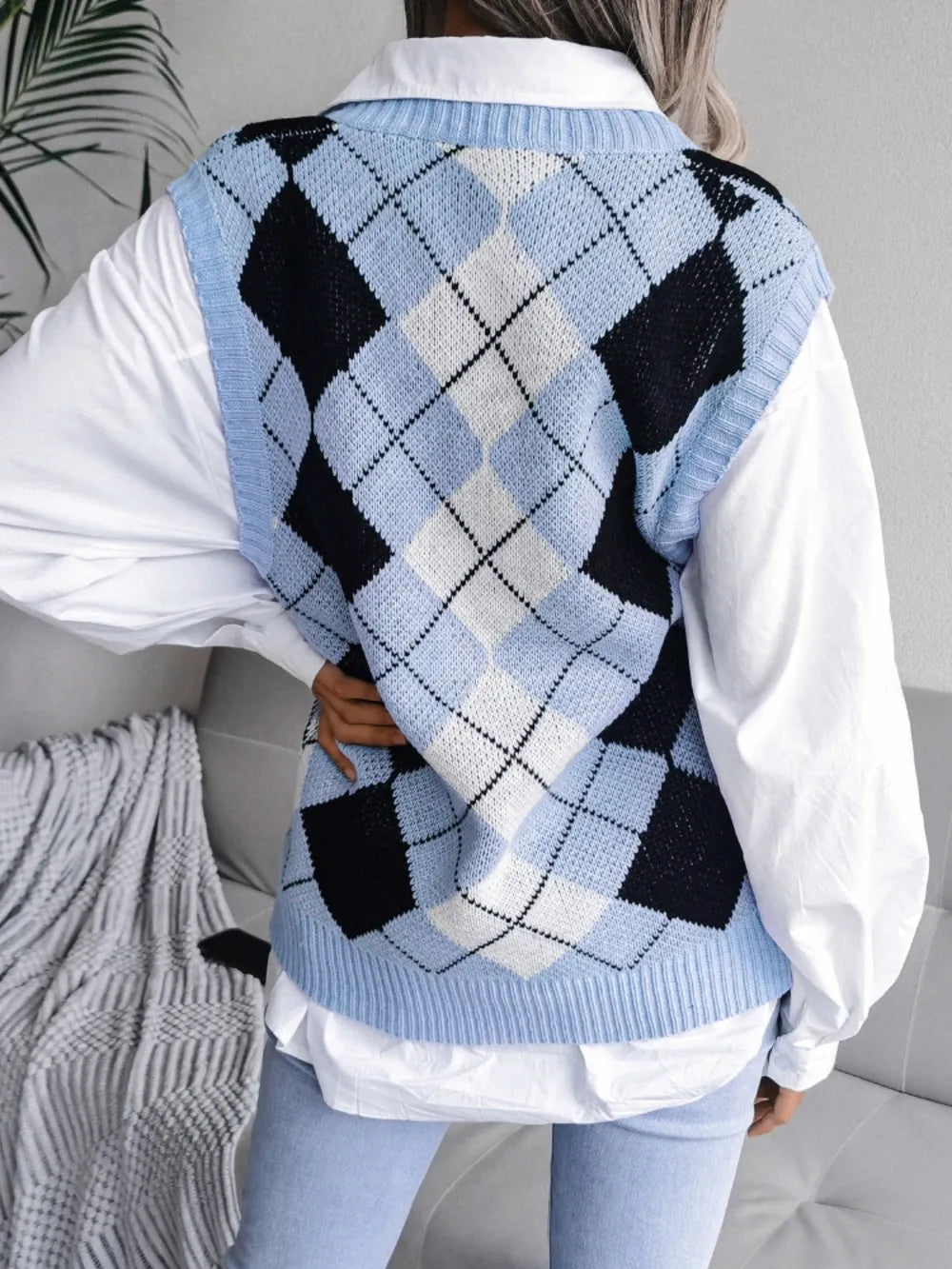 Plaid V-Neck Sweater Vest - Lilixa.store