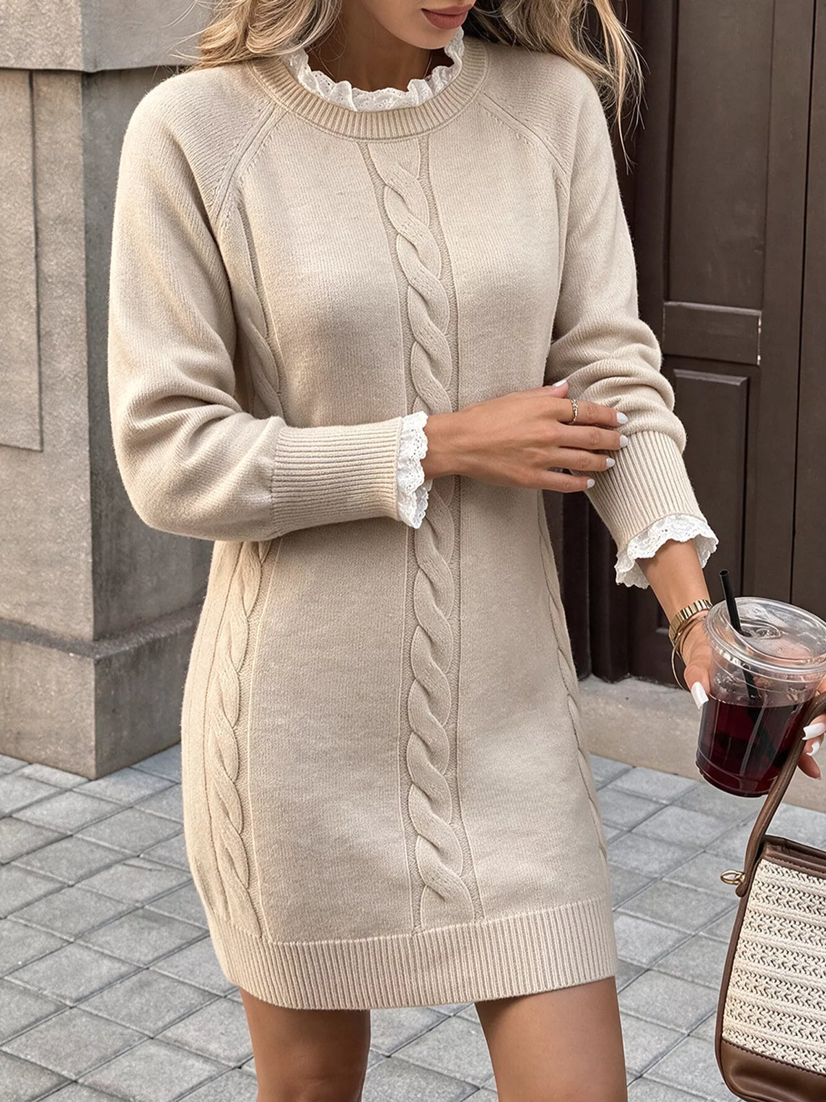 Cable Knit Raglan Sleeve Sweater Dress in Khaki, view 3