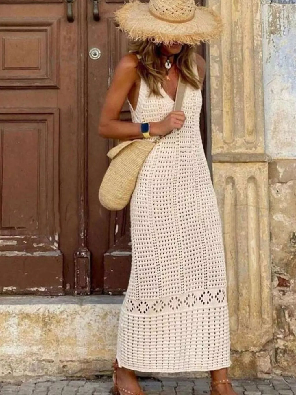 Sleeveless Crochet Knit Cover Up Maxi Dress - Lilixa.store