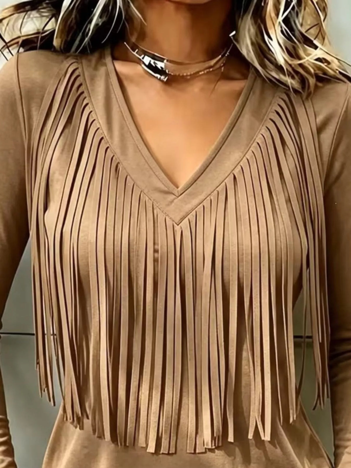 Fringe V-Neck Long Sleeve T-Shirt - Lilixa.store