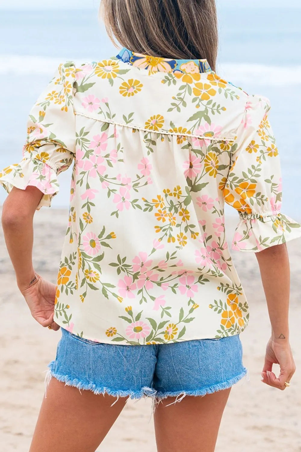 Multicolour Crochet V Neck Half Sleeve Boho Floral Blouse, view 2
