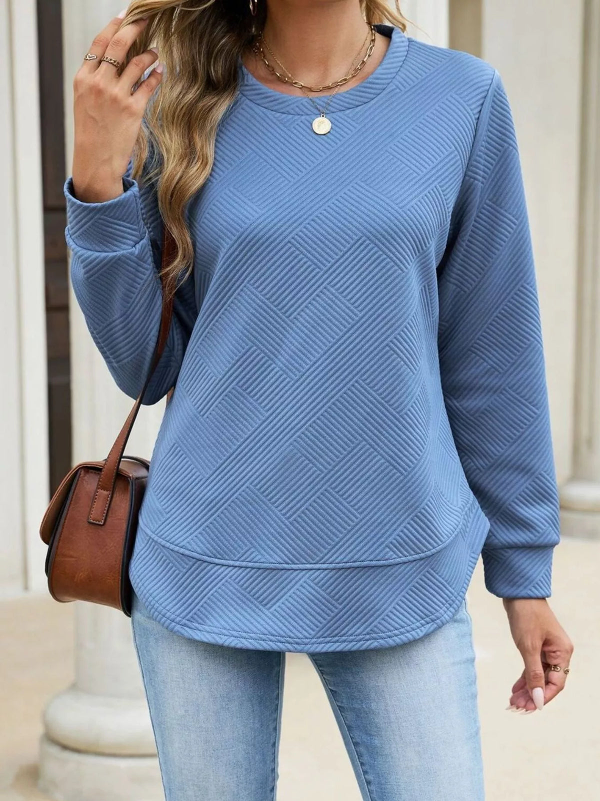 Textured Crew Neck Sweatshirt - Lilixa.store