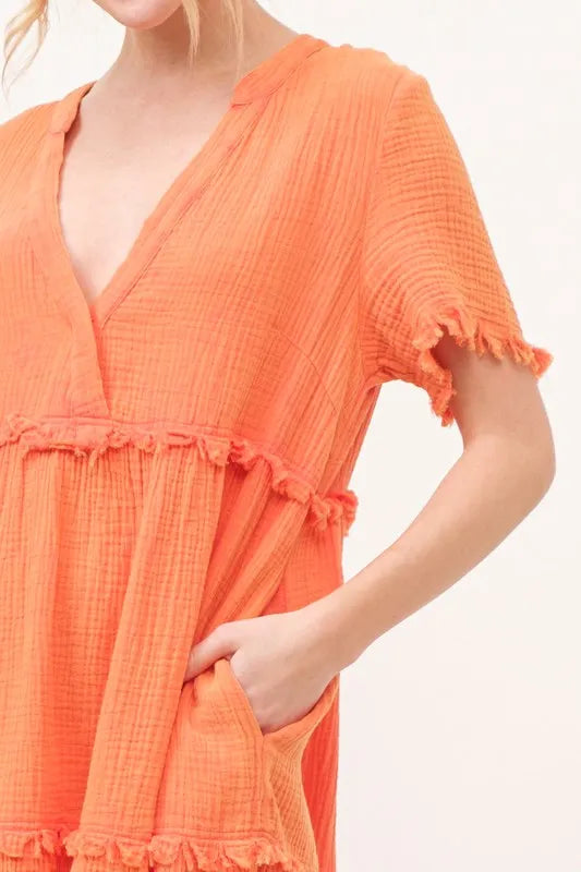 And The Why Washed Frayed Detail Tiered Dress in Orange, view 6