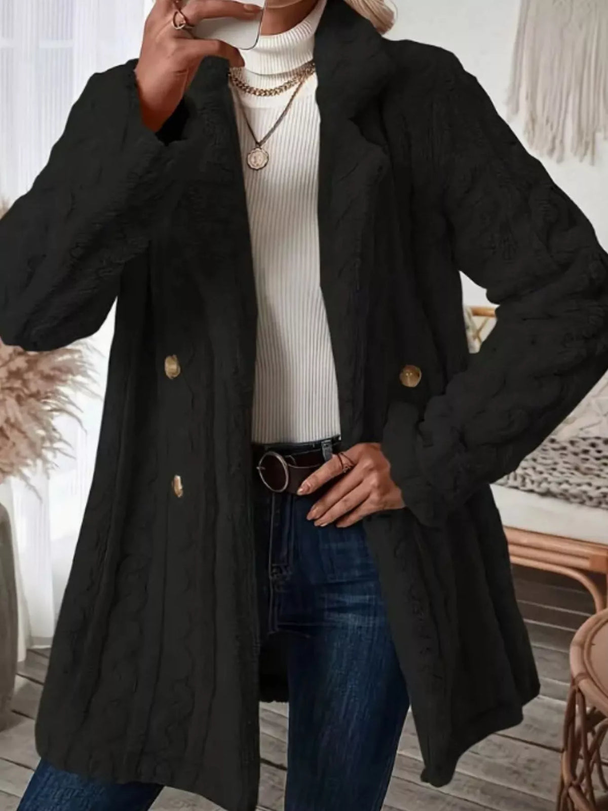Cozy Faux Shearling Double-Breasted Outerwear, view 16