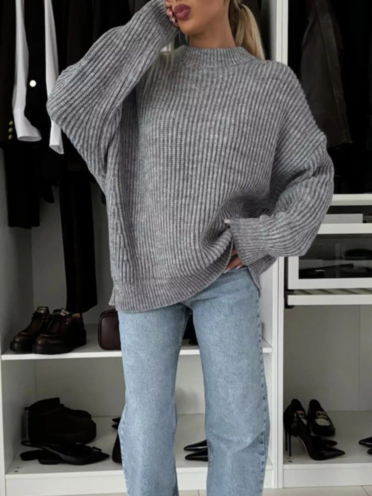 Ribbed Knit Crew Neck Sweater - Lilixa.store
