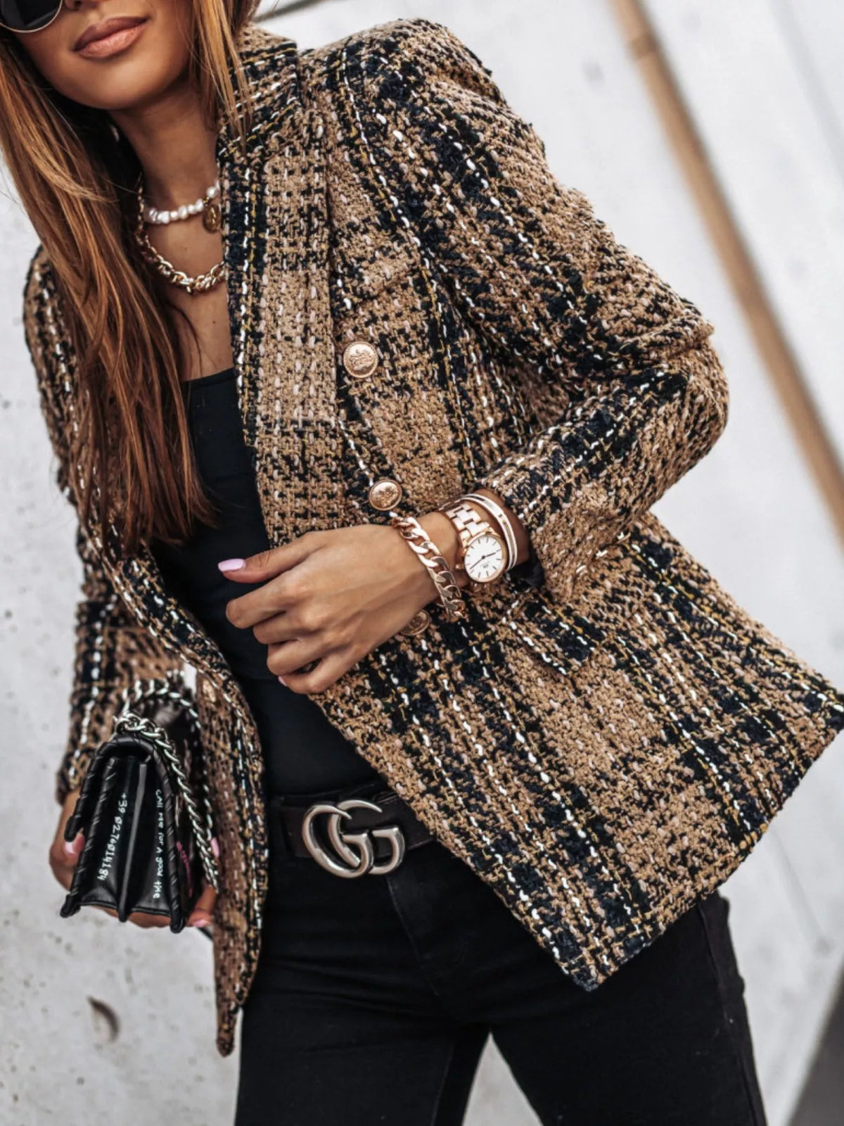 Full Size Plaid Tweed Double-Breasted Blazer Plus Size - Lilixa.store