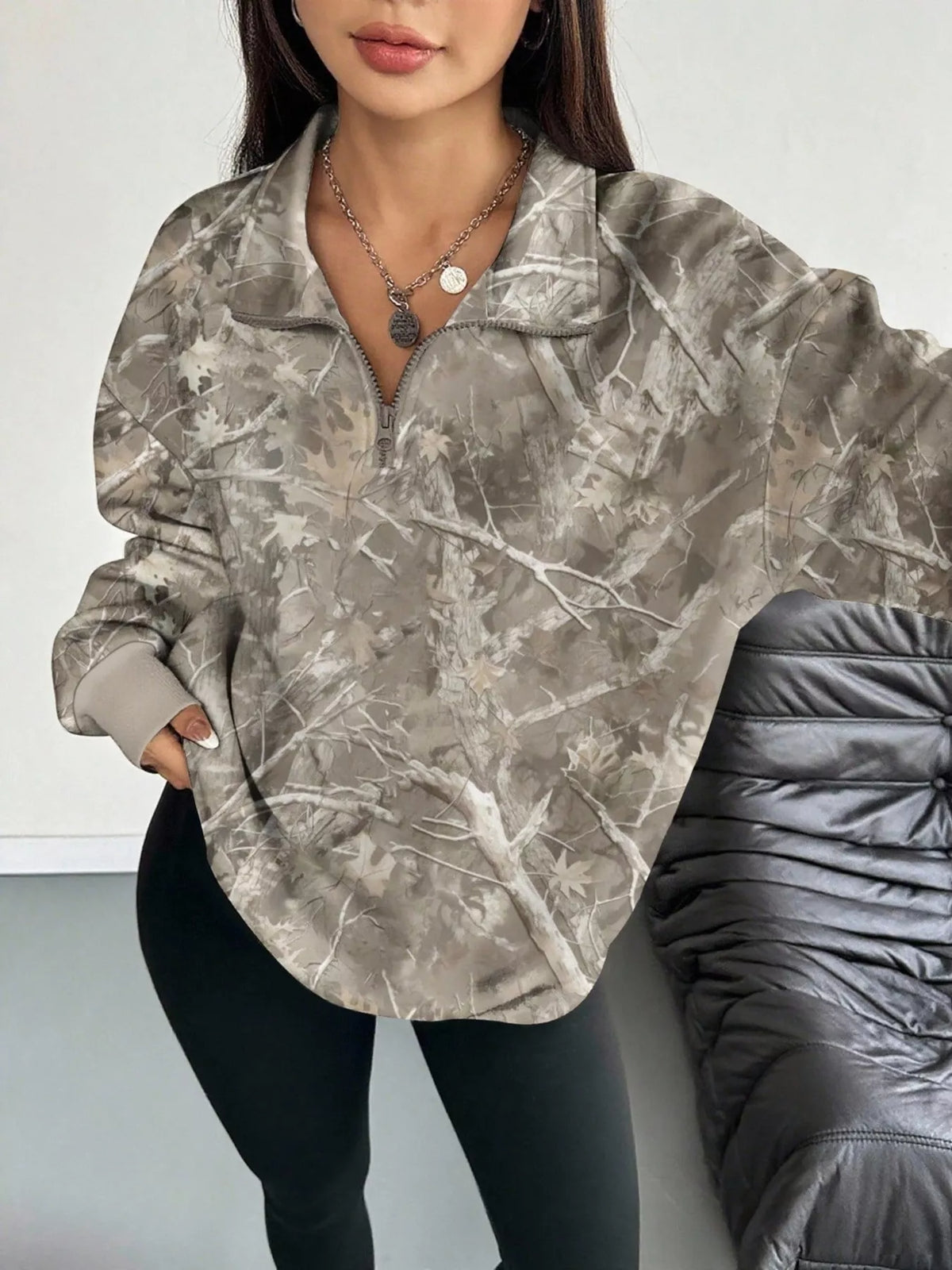 Quarter-Zip Printed Sweatshirt with Ribbed Cuffs - Lilixa.store