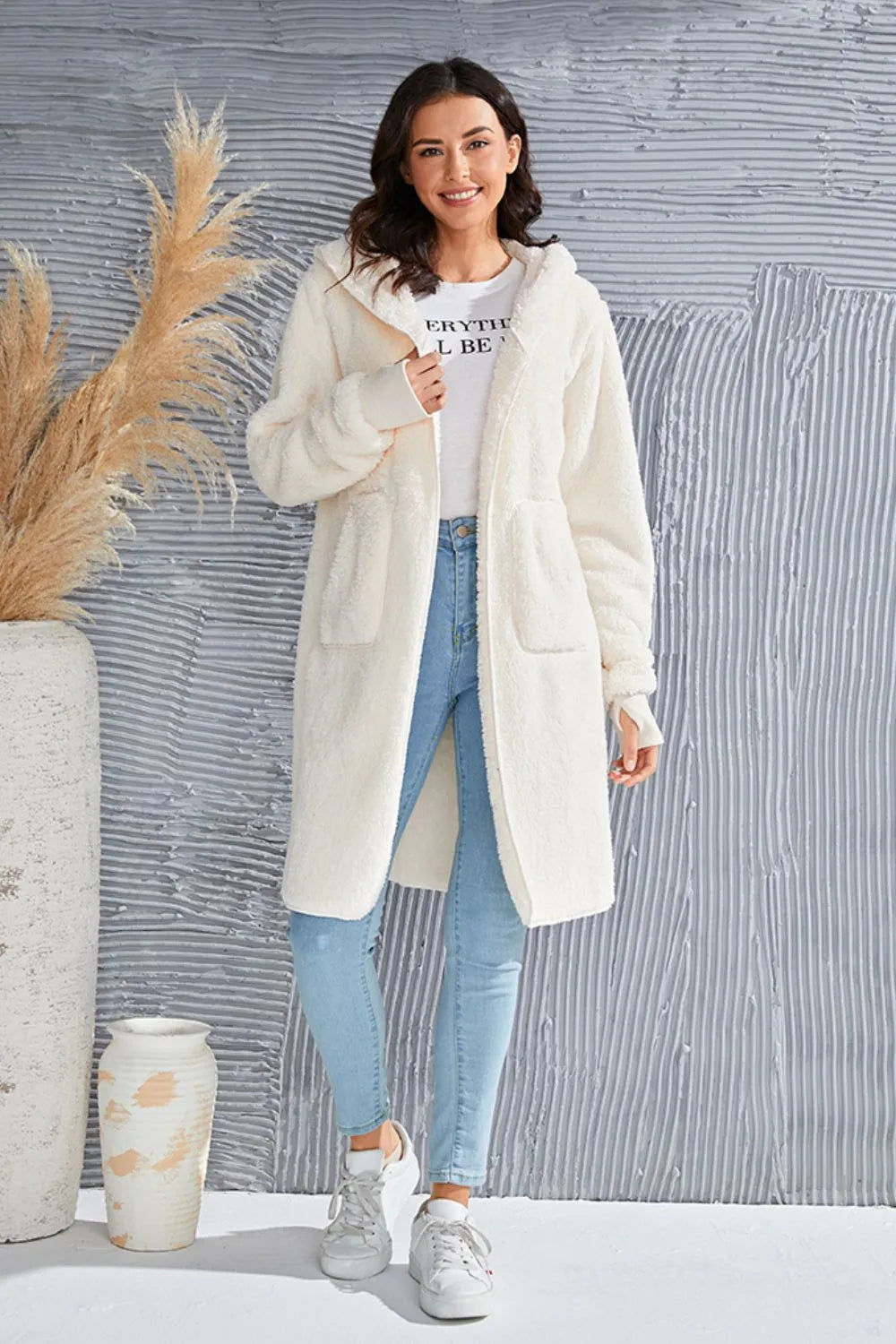 Double Take Full Size Hooded Teddy Bear Jacket with Thumbholes - Lilixa.store