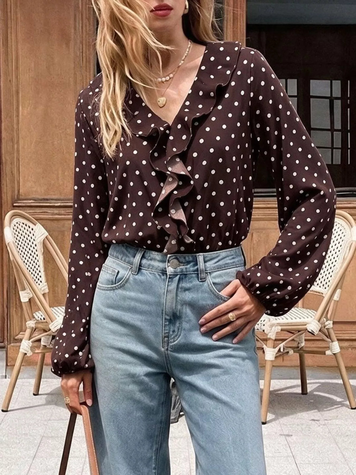 Polka Dot Ruffled V-Neck Bodysuit - Lilixa.store
