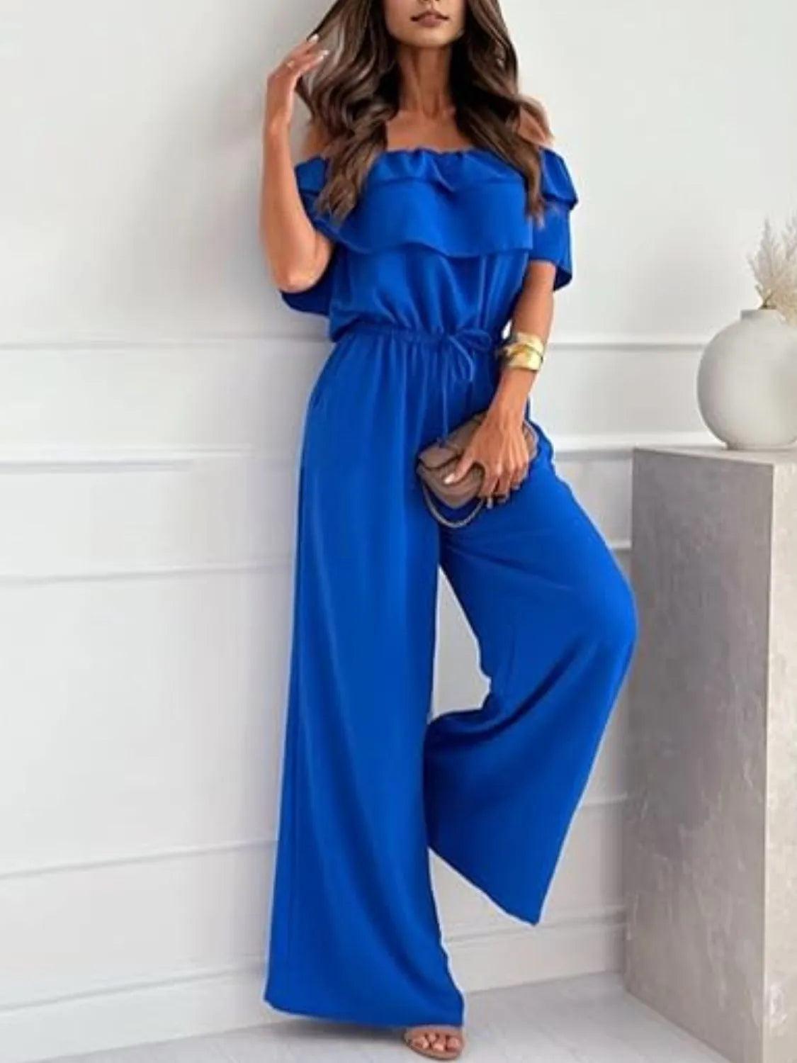 Off-Shoulder Ruffled Wide Leg Jumpsuit - Lilixa.store