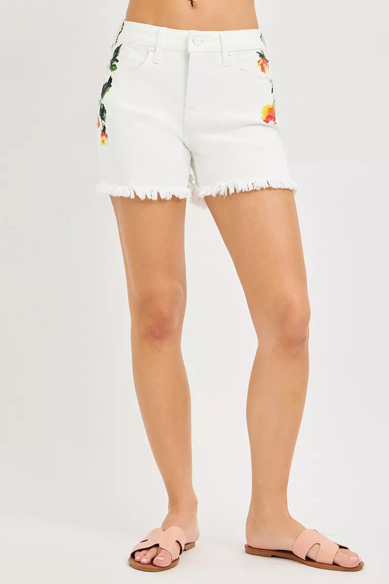 RISEN Tummy Control High Rise Flower Printed Shorts in White, view 2