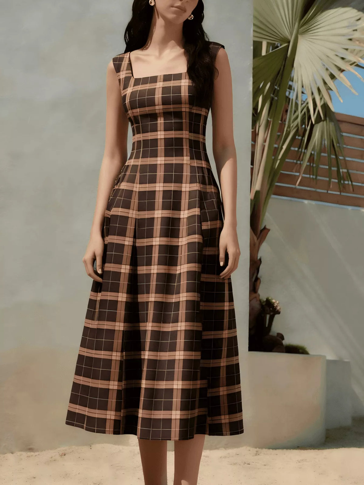 Square Neck Plaid Midi Dress - Lilixa.store