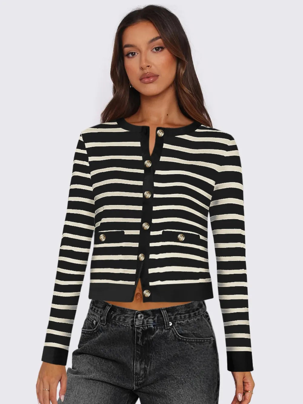 Striped Round Neck Button Up Long Sleeve Cardigan - Lilixa.store