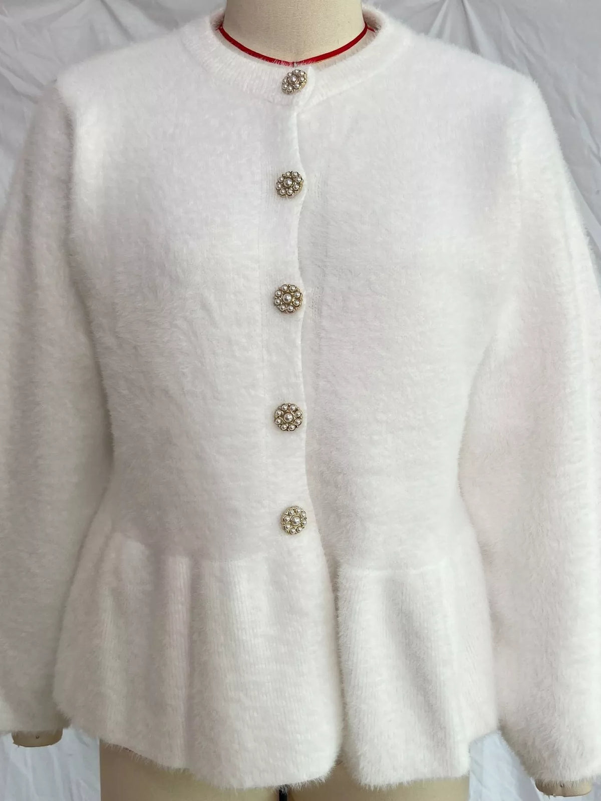 Fuzzy Peplum Cardigan with Pearl Buttons, view 5