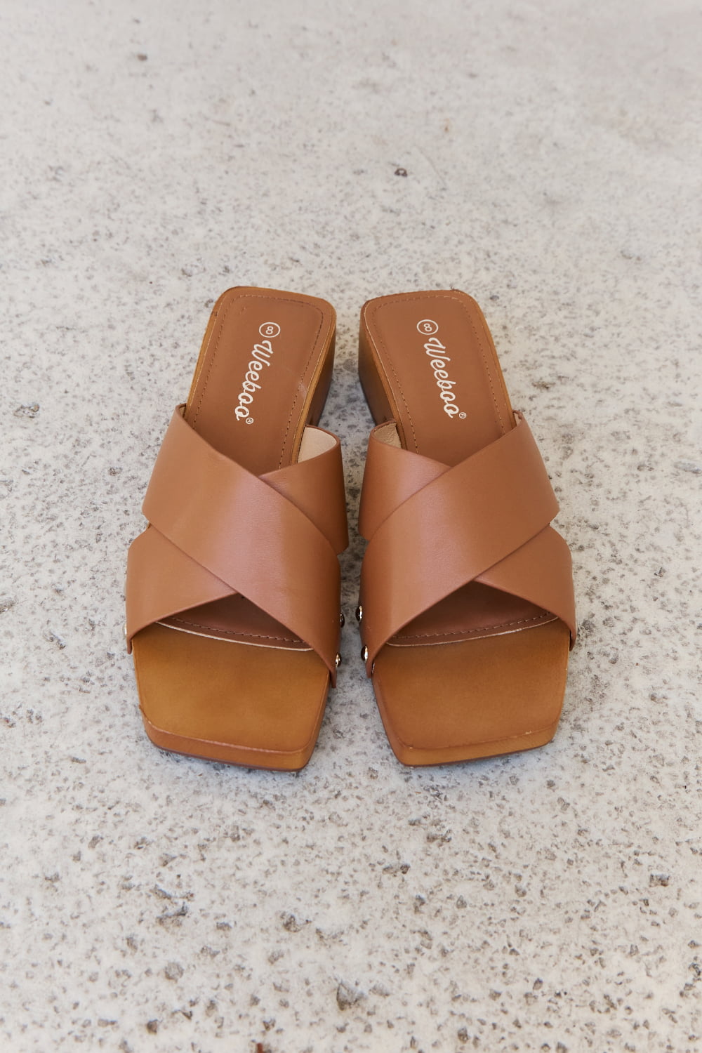 Weeboo Step Into Summer Criss Cross Wooden Clog Mule in Brown - Lilixa.store