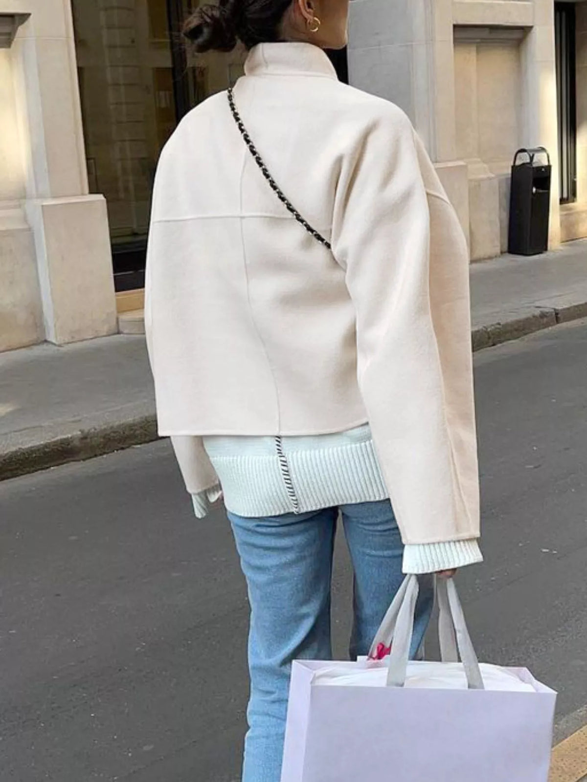 Elegant Stand Collar Open Front Outerwear in White, view 4