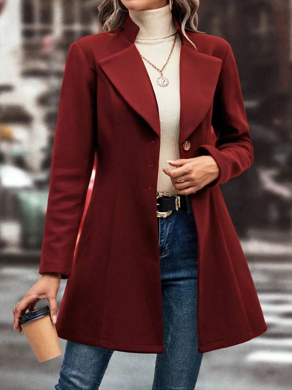 Collared Neck Button Up Long Sleeve Coat, view 9