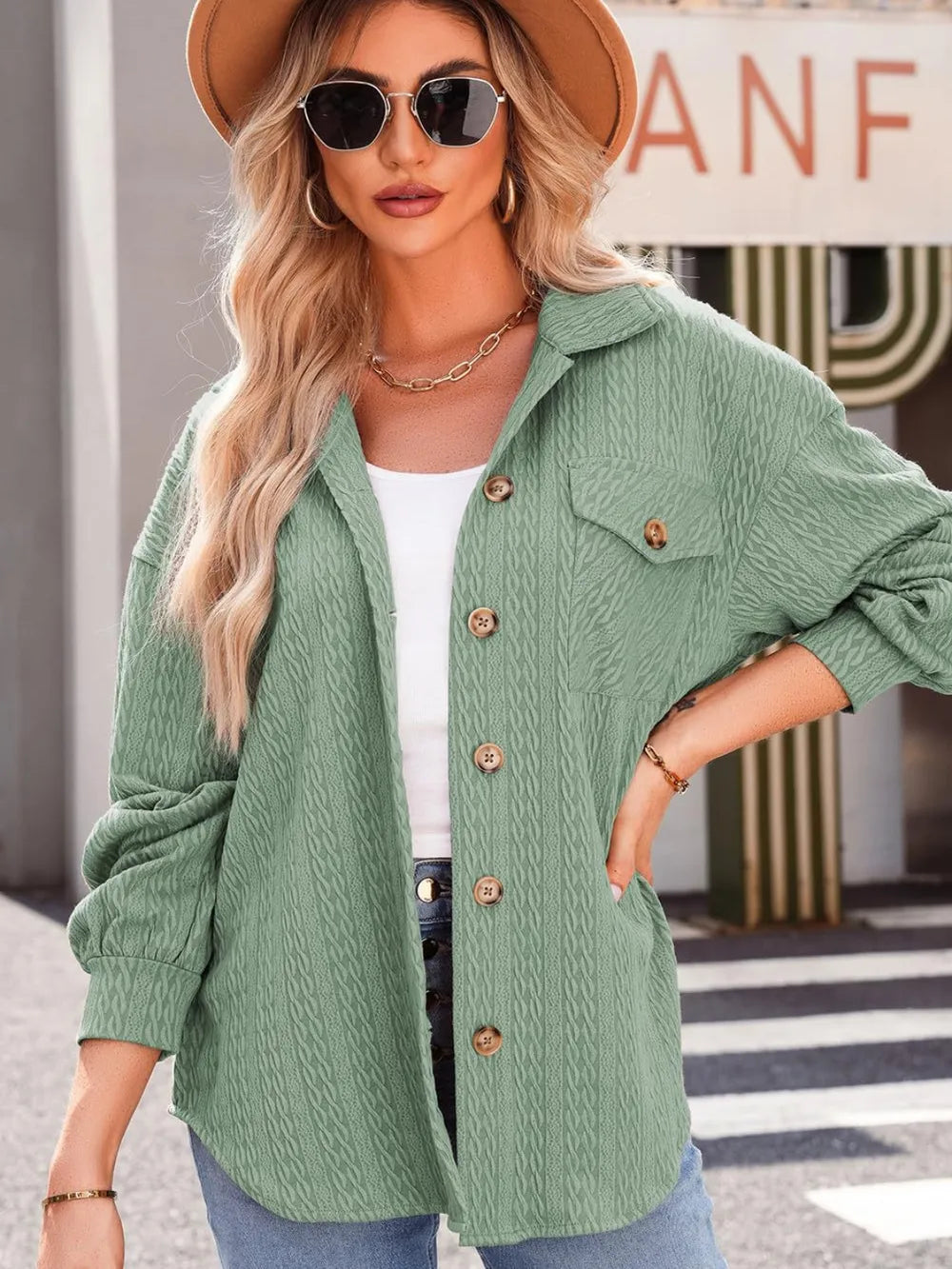 Textured Button Up Long Sleeve Shacket in Gum Leaf