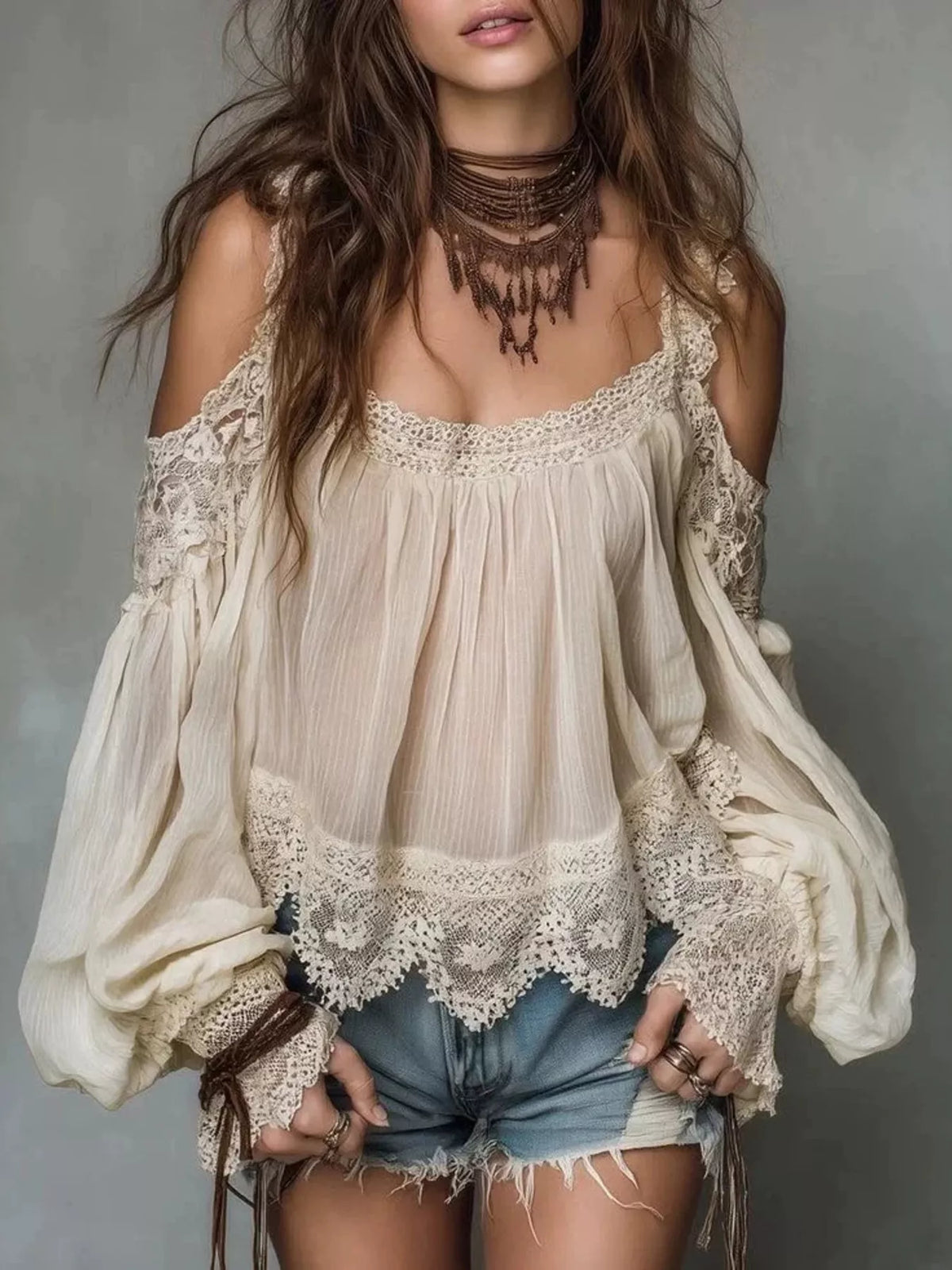 Lace Trim Cold Shoulder Blouse - Lilixa.store