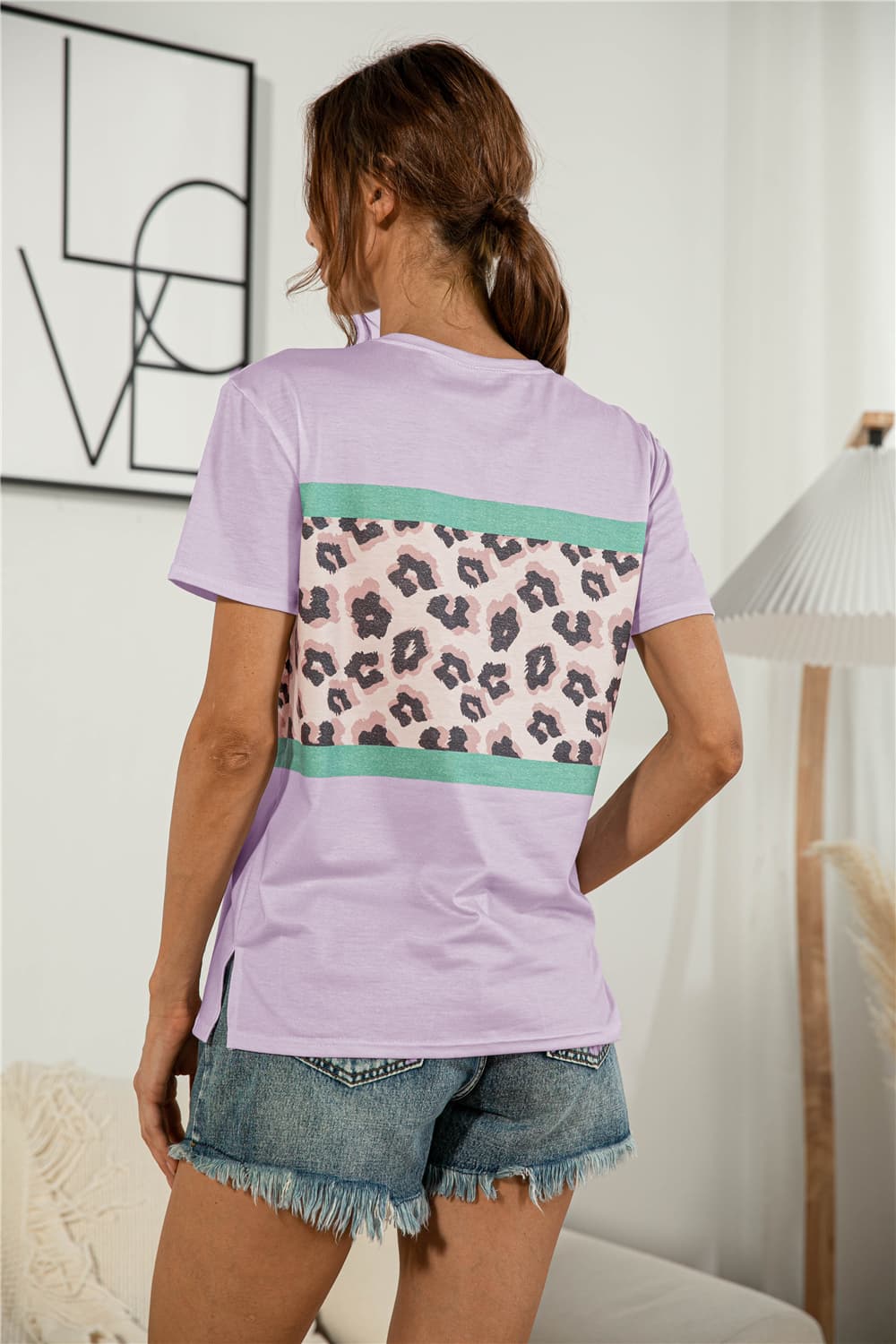 Leopard Color Block Side Slit Tee - Lilixa.store