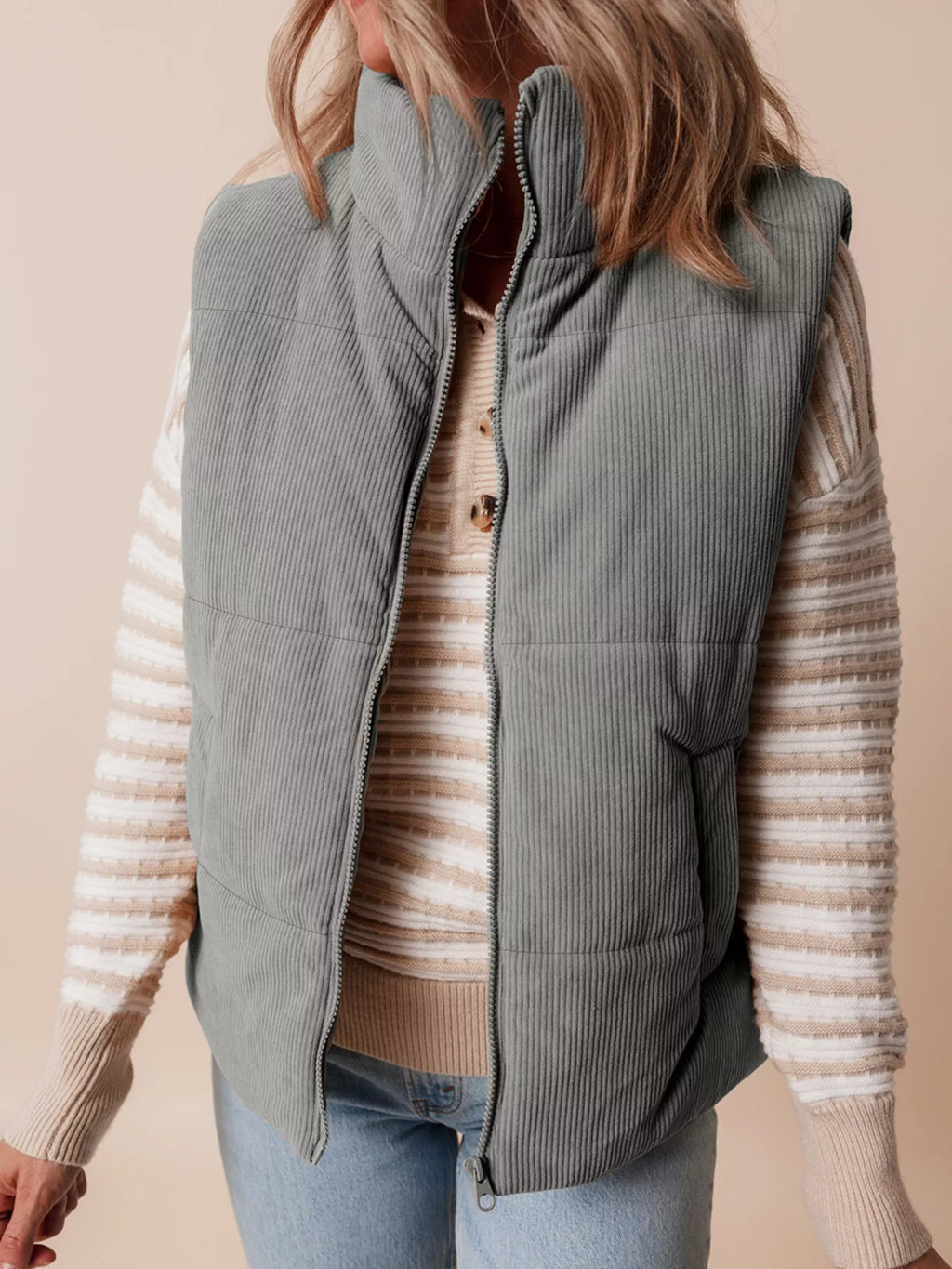 Corduroy Stand Neck Zipped Puffer Vest - Lilixa.store