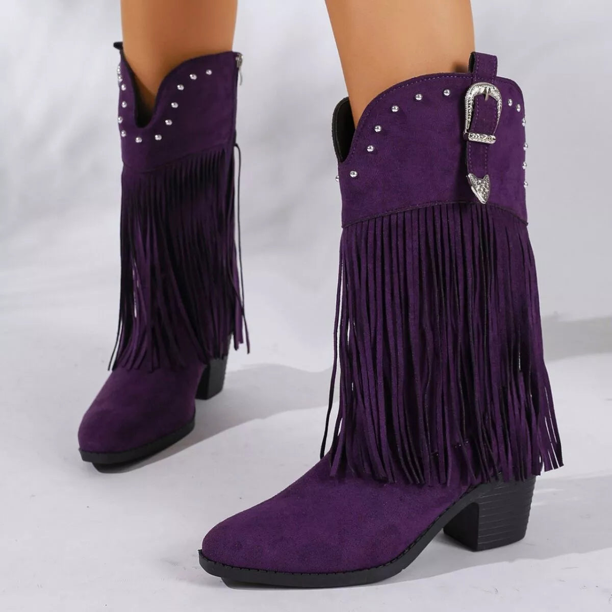 Fringe Round Toe Block Heels Boots - Lilixa.store