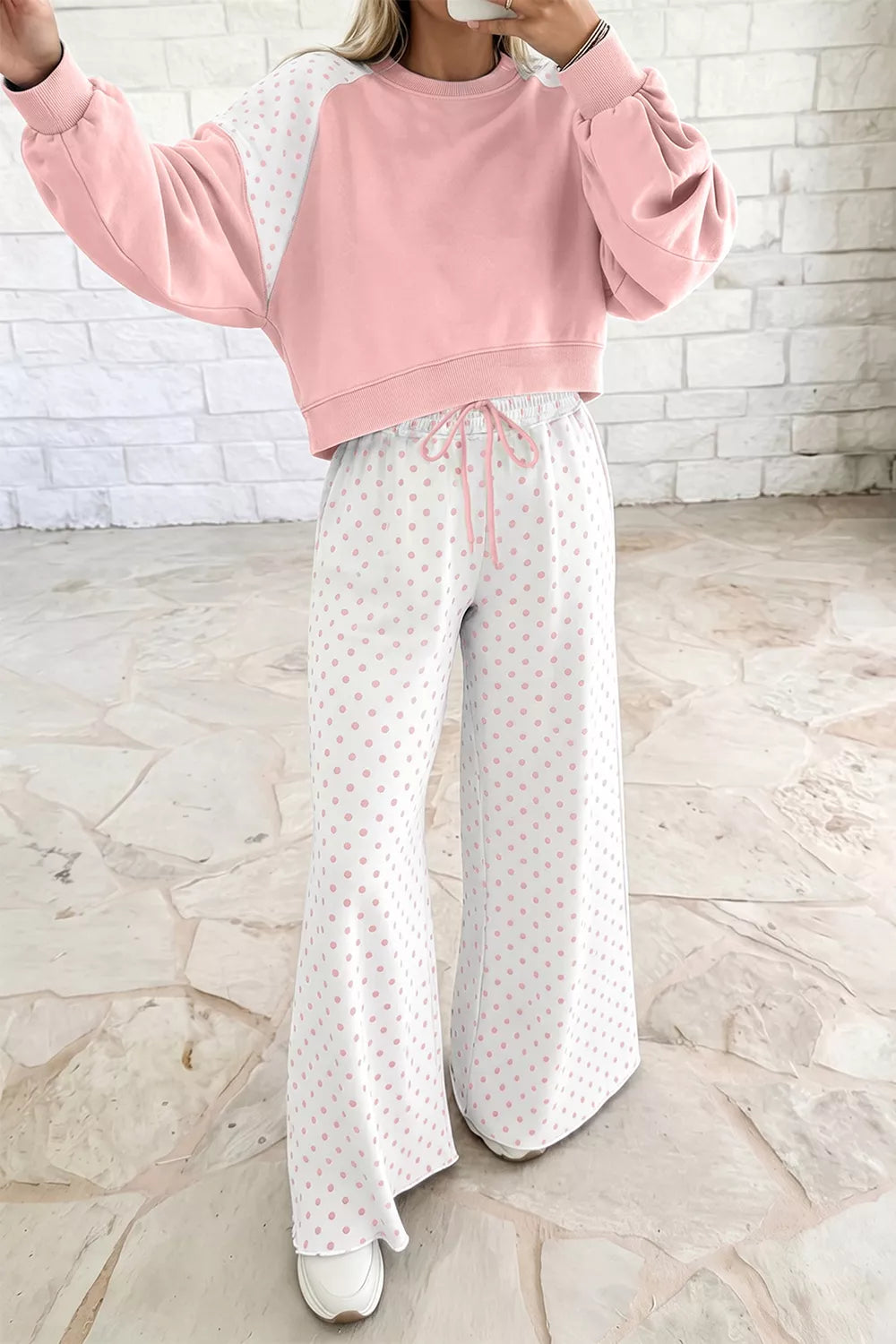 Polka Dot Cropped Sweatshirt and Wide-Leg Pants Set - Lilixa.store
