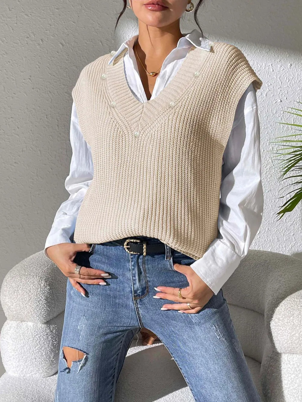 Pearl Trim V-Neck Sweater Vest, view 10