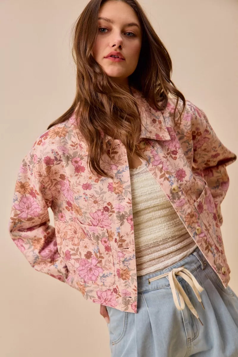 SO ME Floral Print Cotton Twill Button Down Barn Jacket in Blush Pink, view 3