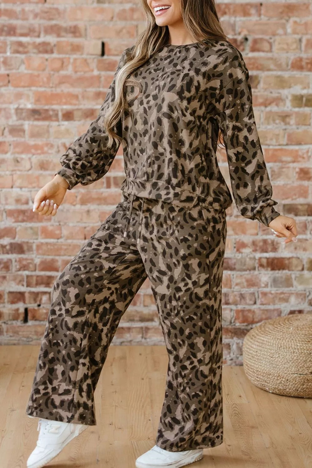 Leopard Print Long Sleeve Top and Pants Set, view 5