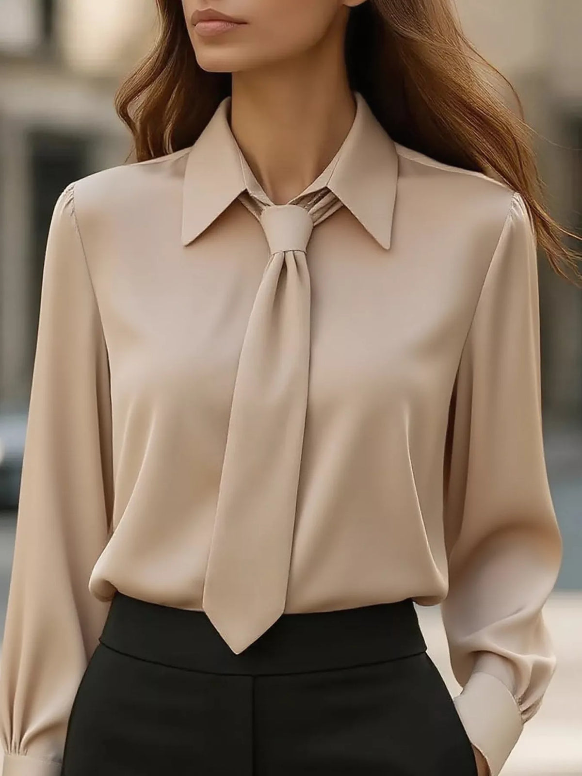 Tie-Neck Long Sleeve Blouse in Khaki